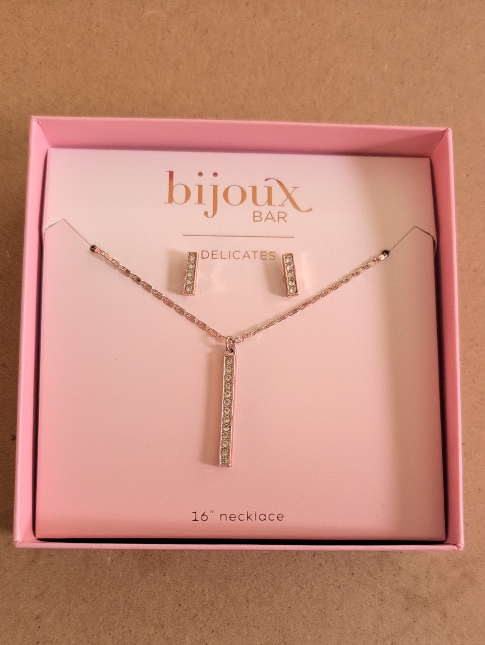 Rose Gold Crystal Bar Necklace & Earring Set